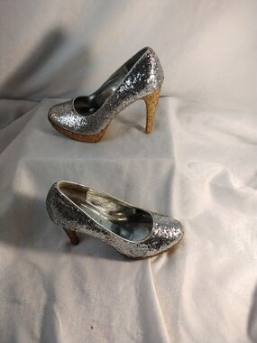 Rampage Silver Glitter Pumps with Gold Heels